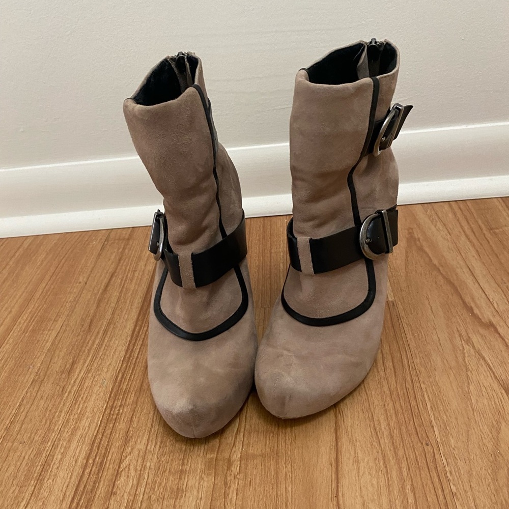 Women's Taupe Suede Wedge Ankle Boots with Black Strap Detail - Picture 3 of 8